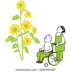 Old man in wheelchair and caregiver looking up at large sunflowers growing large Stock Illustration
