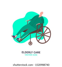 The old man in a wheelchair. Elderly people problem. Nursing house. Medicine, healthy lifestyle concept. Editable vector illustration in pink, green, brown colors isolated on white background.