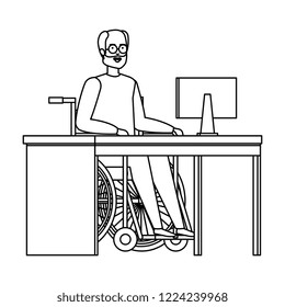 old man in wheelchair in the office