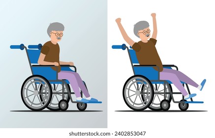 Old man in a wheelchair, sad and happy. Cartoon Vector 