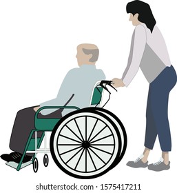Old man is in a wheelchair and the woman push it forward