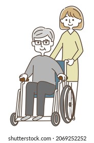 An old man in a wheelchair and a woman pushing it