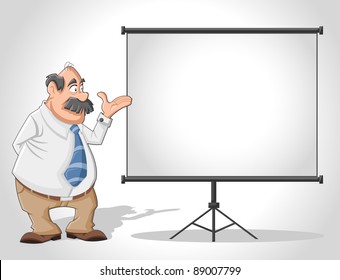 Old man and white billboard with empty space. Presentation screen .