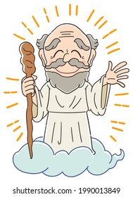 The old man who got on the clouds has a wand with a smile