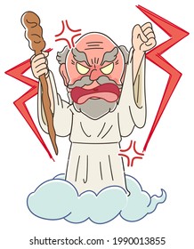 The old man who got on the clouds got angry and lifts the cane