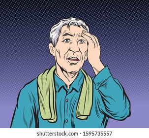 The old man who lost his memory didn't remember anything.Pop art vector illustration drawing. Comic book work style.