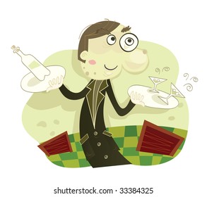 Old man with wine. Artistic Vector Illustration.