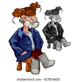 Old man in winter clothes sitting on the bench. Vector illustration.