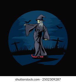 old man witch with halloween theme