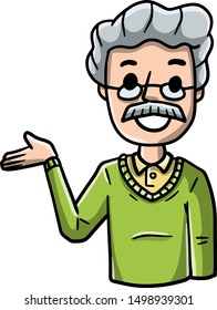 Old Man with. Uncertainty and shrugging. Smiling senior in green. Funny illustration. Doubt and timidity. Hand drawn color sketch cartoon.