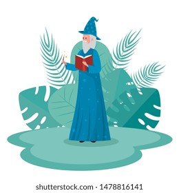 old man wizard with book and magic wand