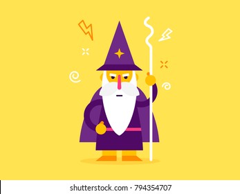 Old man wizard character. cool vector flat design. wizard with the beard and magic stick and big hat. Vector flat design