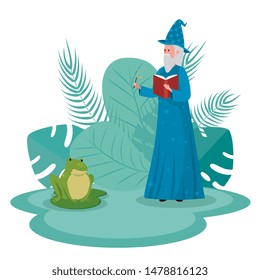 old man wizard with magic wand and frog