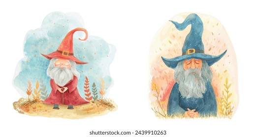 old man wizard watercolour vector illustration