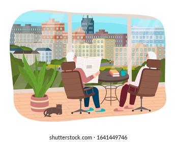 Old man and woman in apartment reading newspaper by window with cityscape view. Senior people at home relaxing on retirement. Elderly characters in flat with pet cat. Modern interior design vector