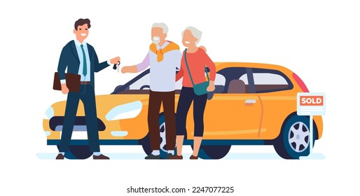 Old man and woman buying automobile. Auto dealer selling car to elderly couple. Transport purchase. Happy grandparents with vehicle. Salesman and aged buyers with key