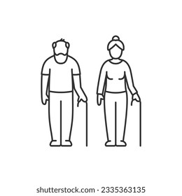 Old man and old woman with a cane, linear illustration. Line with editable stroke