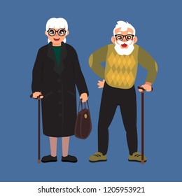 old man and woman with canes, cartoon design, vector illustration (set 8/8), big black eyes, black hair, Asian, Arab, Latino, Caucasian,