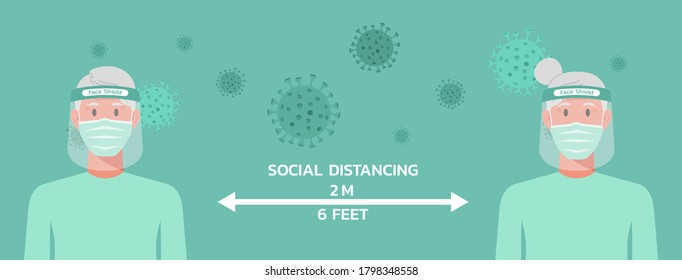 old man and woman character with surgical mask and face shield maintain social distancing to prevent virus spreading, flu prevention, coronavirus, social isolation, self quarantine, new normal concept