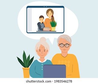 Old man and woman chatting with children grandchildren on the phone, laptop, computer, online video call with grandparents, flat vector illustration