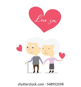 old man and old woman couple with heart and word love you for Valentine's Day card