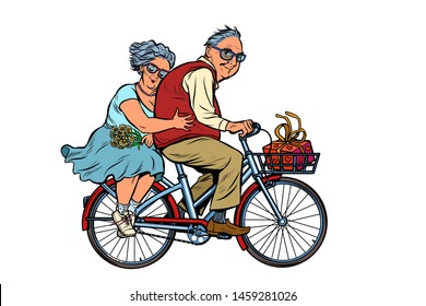 old man and woman couple in love, riding a bike. active lifestyle. Pop art retro vector illustration vintage kitsch
