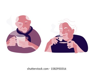 Old Man and woman with Cup of coffee. A hot beverage Concept for Restaurants and coffee shops. Flat Art Vector illustration