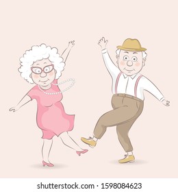 Old man and old woman dancing. Happy grandparents character design. Vector illustration in cartoon style.