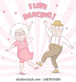 Old man and old woman dancing. Happy grandparents character design. Vector illustration in cartoon style.