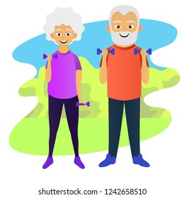 Old man and woman doing fitness exercises with dumbbells together. Elderly people active lifestyle. Vector illustration
