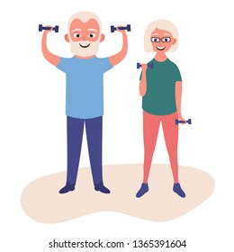 Old man and woman doing fitness exercises with dumbbells together. Elderly people active lifestyle. Vector illustration

