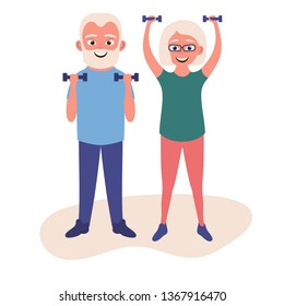 Old man and woman doing fitness exercises with dumbbells together. Elderly people active lifestyle. Vector illustration
