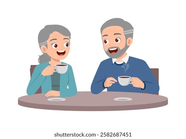 old man and old woman drinking coffee and talking