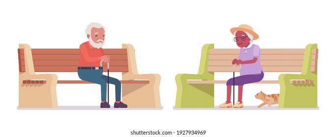 Old man, woman elderly person sitting on bench with cane. Senior citizens over 65 years, retired grandparent, old age pensioner. Vector flat style cartoon illustration isolated on white background