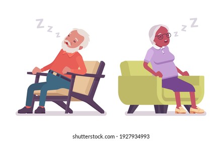 Old man, woman elderly person resting, sleeping in armchair. Senior citizens over 65 years, retired grandparent, old age pensioner. Vector flat style cartoon illustration isolated on white background