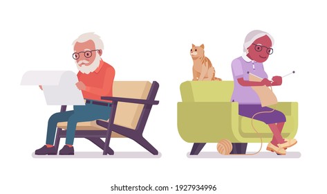 Old man, woman elderly person sitting in an armchair. Senior citizens over 65 years, retired grandparent, old age pensioner. Vector flat style cartoon illustration isolated on white background