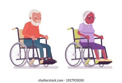 Hombre mayor, mujer anciana sentada en silla de ruedas. Ciudadanos mayores de 65 años, abuelos jubilados, pensionados de edad. Ilustración de dibujos animados de estilo plano vectorial aislados en fondo blanco