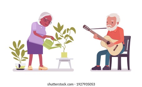 Old man, woman elderly person watering plant, playing guitar. Senior citizens over 65 years, retired grandparent, old age pensioner. Vector flat style cartoon illustration isolated on white background