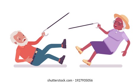 Old man, woman elderly person with cane in slippery accident. Senior citizens over 65 years, retired grandparent, old age pensioner. Vector flat style cartoon illustration isolated on white background