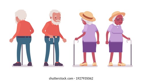 Old Man, Woman Elderly Person Standing With Walking Cane. Senior Citizens Over 65 Years, Retired Grandparent, Old Age Pensioner. Vector Flat Style Cartoon Illustration Isolated On White Background