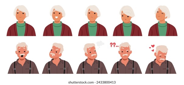 Old Man and Woman Face Expressions And Emotions. Male or Female Characters Feel Joy, Sorrow, And Confusion, Smile, Angry, Thinking and Love, Sad or Surprised Aged People. Cartoon Vector Illustration