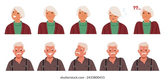 Old Man And Woman Face Expressions And Emotions. Male Or Female Characters Feel Joy, Sorrow, Anger And Confusion. Aged People Smile, Angry, Sleeping And Ask Questions. Cartoon Vector Illustration