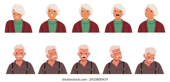 Old Man And Woman Face Expressions And Emotions. Male Or Female Grandparent Characters with Evil Smile. Aged People. Feel Angry And Sad, Yelling, Upset Or Sorrowful. Cartoon Vector Illustration