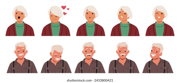 Old Man And Woman Face Expressions And Emotions. Male Or Female Characters Feel Surprise, Joy, Sorrow And Confusion, Anger. Aged People Smile, Wink Eye, Love Or Sadness. Cartoon Vector Illustration