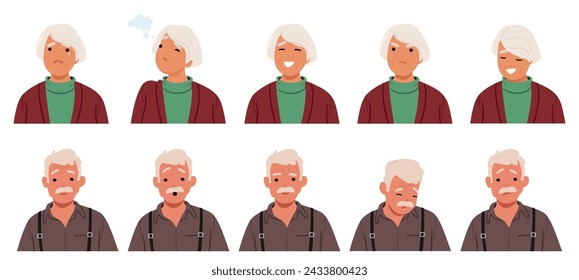 Old Man And Woman Face Expressions And Emotions. Male Or Female Characters Thinking, Feel Joy, Upset And Confusion. Senior People Smile, Angry And Love, Sad Or Worry. Cartoon Vector Illustration