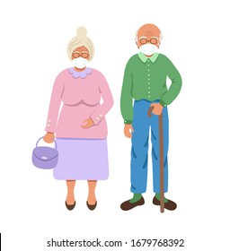 Old man and old woman in face mask.  Protection from virus. Coronavirus prevention concept. Vector illustration drawing in flat style. 