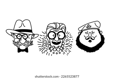 Old man woman face, senior, mature, different age generation. Adult people, diverse characters set. Elderly person. Collection of facial expressions. Vector cartoon hand drawn sketch Illustration