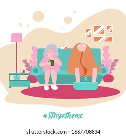 Old Man and old Woman, the Family to stay at home during pandemia Coronavirus. Get sick. Modern flat illustration.