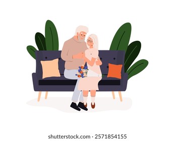 Old man and woman with floral bouquet. Aged elderly people on the date. Mature age couple celebrating anniversary. Happy senior couple with flower. Vector illustration