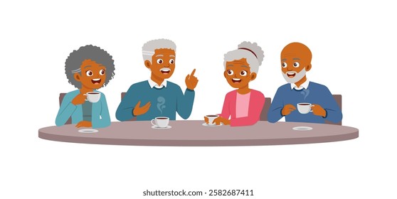 old man and old woman and friend drinking coffee and talking